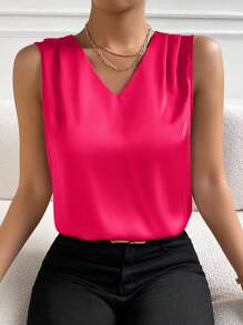 SHEIN Clasi Women V-Neck Pleated Sleeveless Blouse - Hot Pink - View 5