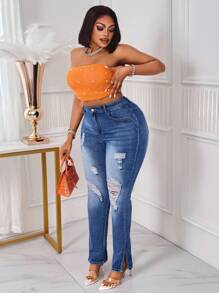 SHEIN SXY Plus Size Women Fashion Ripped Jeans Vacation Bootcut Flare Jeans Summer