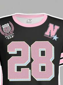 SHEIN Leap Crew Tween Girl Casual Chic Athletic Jersey Inspired, Number 28, English, Star Pattern, School Streetwear, Punk, Short Sleeve Mid-Length Dress, Suitable For Summer, Tween Girl Clothes, Tween Dresses, Tween Girl Summer Outfits, School Clothes, Back To School-Tween Girl, Girls' Chroma Select Girls Sport Dress Athletic Dress Kids Tween Girl Clothes Jersey Baseball Dress Girls Jersey Dress - Multicolor - View 4