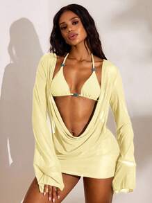 Opulessa Plain Beige Women Bikini Set With Knot Detail And Short Draped Cover-Up, Plain Beige Bikini Set With Long Sleeve, Drape Cover-Up And Short Length Style Yellow Cover Up, Elegant Vacation Outfits, Summer Beach Outfits, Sexy Club Outfits, Halloween, Christmas , New Year, Thanksgiving Outfits - Beige - View 1