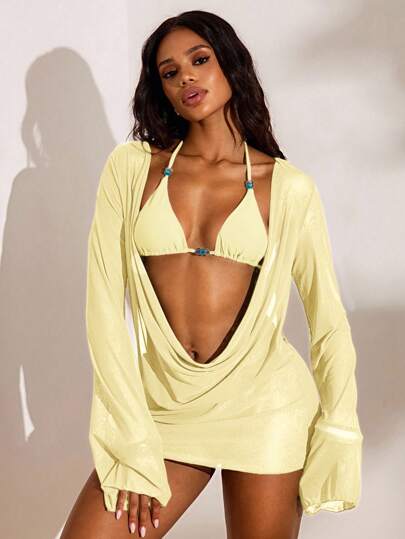 Opulessa Plain Beige Women Bikini Set With Knot Detail And Short Draped Cover-Up, Plain Beige Bikini Set With Long Sleeve, Drape Cover-Up And Short Length Style Yellow Cover Up, Elegant Vacation Outfits, Summer Beach Outfits, Sexy Club Outfits, Halloween, Christmas , New Year, Thanksgiving Outfits