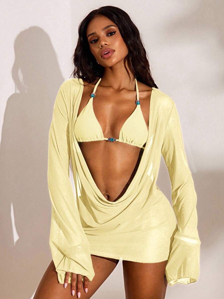 Opulessa Plain Beige Women Bikini Set With Knot Detail And Short Draped Cover-Up, Plain Beige Bikini Set With Long Sleeve, Drape Cover-Up And Short Length Style Yellow Cover Up, Elegant Vacation Outfits, Summer Beach Outfits, Sexy Club Outfits, Halloween, Christmas , New Year, Thanksgiving Outfits - Beige - View 1