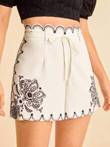 CAJUNI Vacation Casual Summer Tropical Bohemian Style Retro Print Wavy Hem Tie Front Women Shorts - Multicolor - View 8