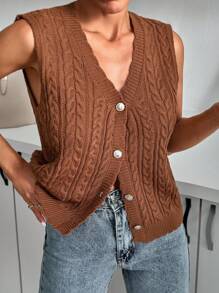 EURMUSE Women Button Front Cable Knit Sweater Vest - Brown - View 5