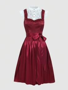 Fairmaia 德国传统女性对比色系腰无袖连衣裙 Dirndl 慕尼黑啤酒节传统德国传统复古无袖女装传统 Dirndl 方领连衣裙和围裙，适合十月、万圣节 - 酒紅色 - 查看 4