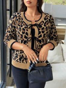 Vionelle Cardigan tricotat cu imprimeu leopard francez și fundă, mărime mare pentru femei, pulover cu mânecă lungă, casual la modă, versatil, toamnă/iarnă