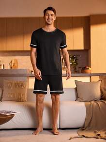 SHEIN Men's Casual Round Neck Short Sleeve T-Shirt And Shorts Homewear Set, Summer - Black - View 3