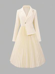 少女纯色不对称翻领腰部收腰褶皱连衣裙，别致优雅