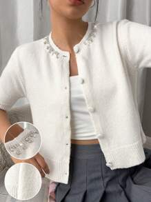 EURMUSE Women's Embellished Button-Up Wool Cardigan – Short-Sleeve Design With Delicate Beaded Neckline Detailing, Ribbed Hem Edges, And Soft Knit Fabric For A Cozy Yet Chic Winter Layer White Cropped Cardigan White Knit Cardigan Rhinestone Cardigan Pearl Button Cardigan,Long Cardigans Woman,Petite Cardigans,Cardigans - Cream - View 3