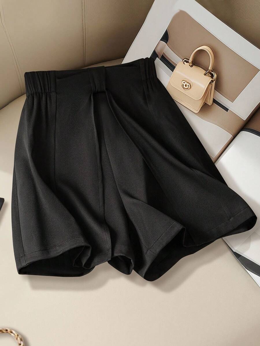Modelyn Women's Casual Solid Color Elastic Waist Loose 2 In 1 Shorts, Summer - Black - View 1