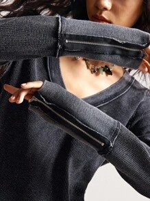 Bohemela 女士休闲纯色V领长袖针织上衣，波西米亚音乐节，秋冬 - 黑色 - 查看 2