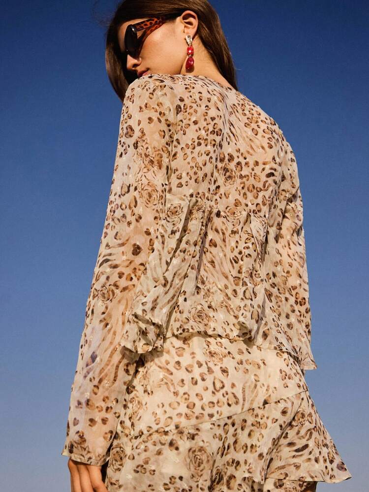 SHEIN Maija Top à la mode à manches longues avec imprimé intégral et volant à l'ourlet, idéal pour les vacances d'été, l'automne et les sorties. Style bohème occidental