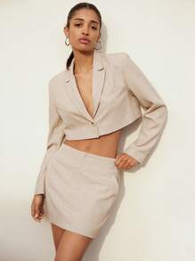 Maija 2025 Summer New Beige Cropped Turn Down Collar Elegant Casual City Commute Festival Beach Vacation Daily Romantic Urban Vacation Suitable For Outings, Gatherings, Weddings, Graduation, Guest Women Blazer - Khaki - View 6