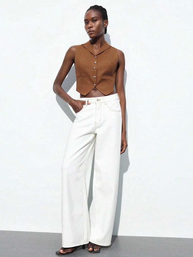 SHEIN Maija 2025 Spring/Summer New Versatile Lightweight High-End Collar Metal Button Decorative Retro Style Sleeveless Vest For Women, Suitable For Casual/Office Wear, Picnic, Music Festival, Back To School, Mother's Day Business Casual Woman Western Airport For Women