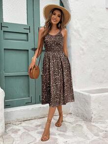 SHEIN Frenchy 女士度假风碎花侧开衩吊带裙 - 咖啡棕 - 查看 4