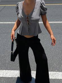 DAZY 女式蕾丝拼布V领泡泡袖衬衫，夏季 - 深灰色 - 查看 5