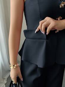 2 bộ trang phục dự tiệc mùa xuân và mùa hè thanh lịch nút hồng, áo ống peplum và quần ống rộng - Màu xanh hải quân - Xem 3