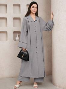 Veilorie 女式纯色翻领长袖单排扣夹克和裤子阿拉伯服装套装 - 灰色 - 查看 4