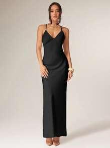Silquee 优雅性感露背挂脖长裙 - 黑色 - 查看 2