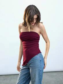 Maija 女士酒红色夏季侧褶修身性感优雅音乐会纯色不对称下摆短款上衣外出