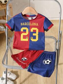SHEIN 2pcs Baby Boy Cute Summer Sports Style Letter Print Short Sleeve Top And Elastic Waist Shorts Set, Sportswear Toddler Boy Clothes Summer Sets Baby Boy Football Clothes Toddler Boy Football Jersey Toddler Soccer Uniform Barcelona Toddler Clothes Baby Boy Basketball Outfit Toddler Boy Basketball Outfit Set Baby Boy Red And Blue Romper Toddler Short Sets