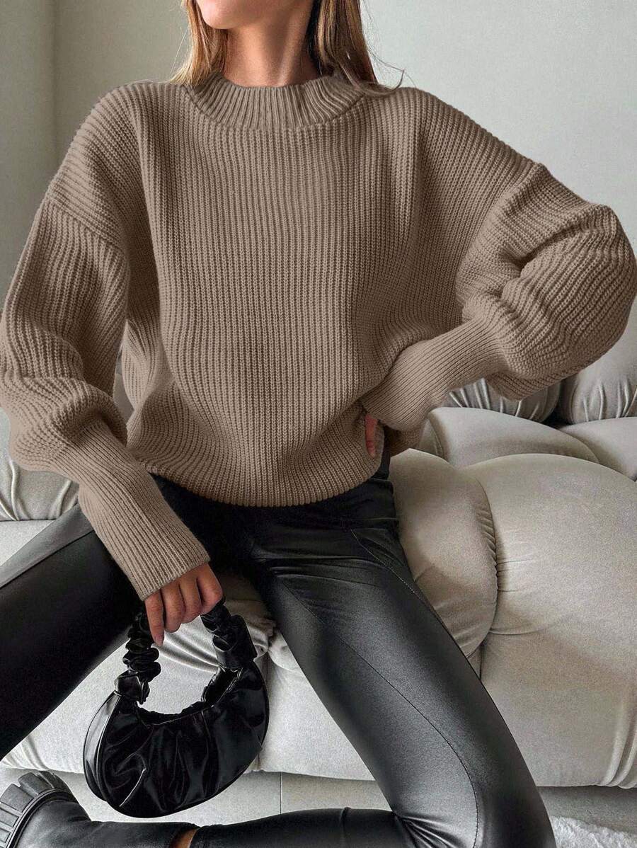EURMUSE Women Casual Simple Solid Color Ribbed Drop Shoulder Loose Knit Sweater - Mocha Brown - View 1