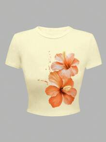 Sparklyn 青少年女孩花卉印花短款修身圆领 T 恤，夏季休闲舒适 - 黃色 - 查看 4