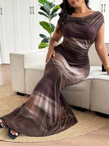 Elaquor Vestido Longo Elegante para Mulheres Grandes com Estampa de Tie Dye e Calda de Sereia, Vestidos Formais para Mulheres