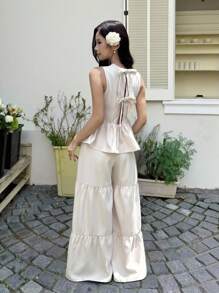 SHEIN 青少年女孩优雅通勤休闲米色套装，背部蝴蝶结设计 - 杏色 - 查看 7