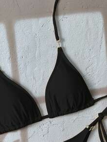 Swim SXY Summer Beach Women's Metal Clasp Halter Neck Bikini Set - Black - View 8