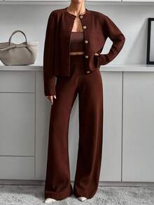 EURMUSE Women Button Front Cardigan And Sweater Pant 2pcs Set Co-Ords Two Pieces Set,Petite,Winter Clothes - Brown - View 6