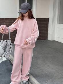 DAZY 少女羊毛衫套装，休闲宽松拼色设计，秋季 - 粉色 - 查看 4