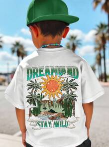SHEIN Young Boy Casual Minimalist Summer Scenery Graphic Round Neck Short Sleeve T-Shirt, Suitable For Summer, Back Of Clothes - White - View 2