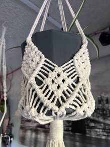 波西米亚风 Macrame 植物挂架 - 手工编织棉绳吊篮，适用于室内外植物、花盆架、家居墙壁装饰 - 米色 - 查看 3