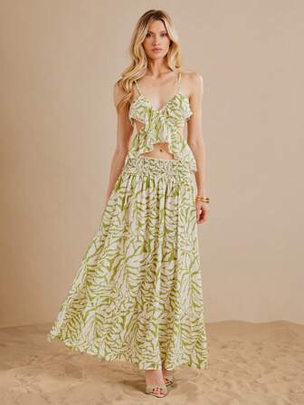 L'Amorae 女式褶饰腰部热带雪纺印花及踝长裙