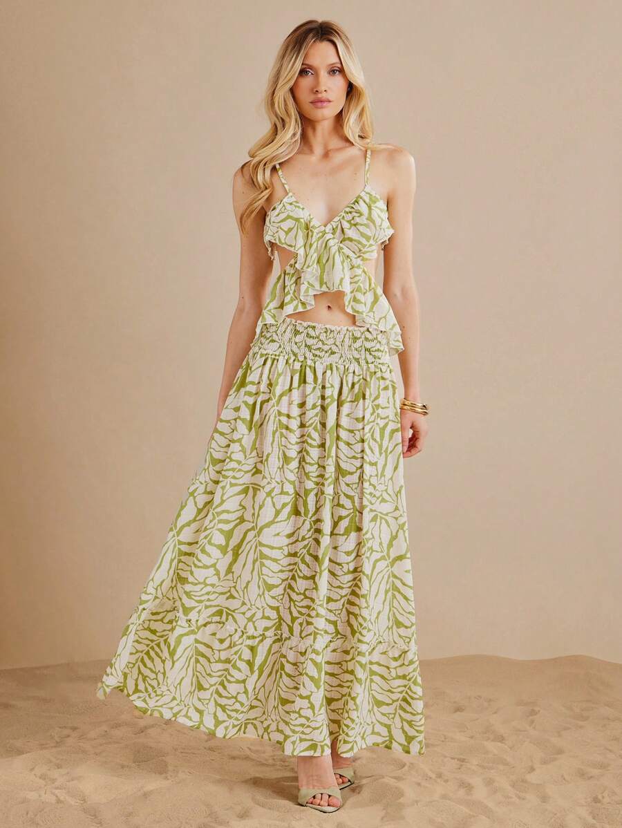 L'Amorae 女式褶饰腰部热带雪纺印花及踝长裙 - 綠色 - 查看 1