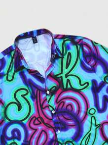 ROMWE MEN Street Life Men's Summer Fashion Letter Print Short Sleeve Shirt - Blue - View 4