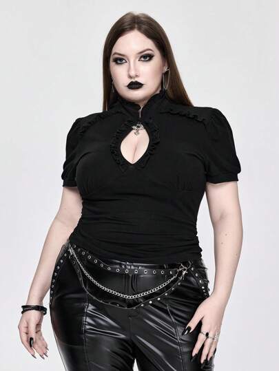 Gothic Black Low-Cut Sexy Cross Pendant Plus Size Tight T-Shirt