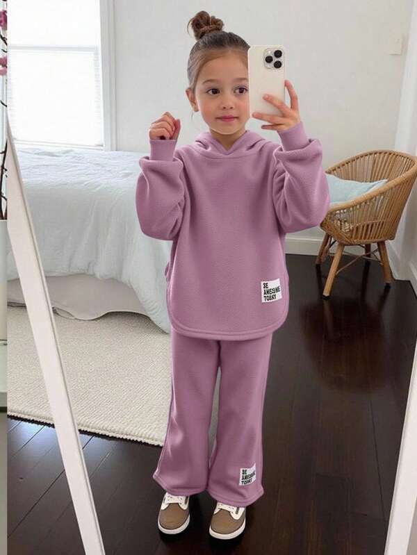 SHEIN Young Girl Streetwear Hooded Sweatshirt And Pants Set, With Asymmetric Hem, 2pcs