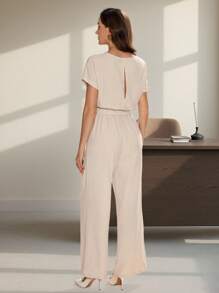 Editum Summer Elegant Women's Blue Cool Linen Pleated Fabric With Shoulder Sleeves And Tied Waist Short Sleeved Jumpsuit, Suitable For Various Occasions, Daily Travel, Outings, Etc - Khaki - View 2