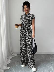 Rafferiza Women's Elegant Stand Collar Open Front Short Sleeve Cinched Waist Wide Leg Jumpsuit Clothes For University - Grey - View 7