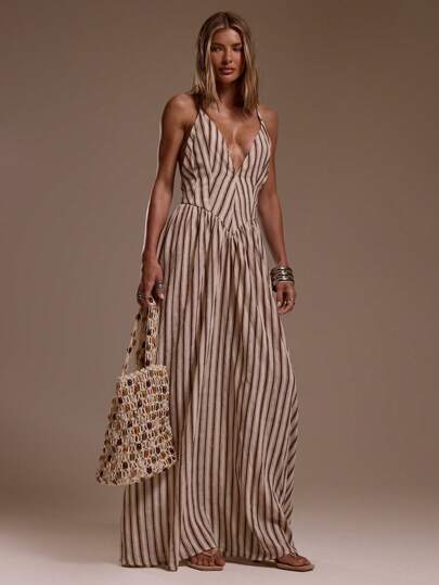 MUSERA V领前褶低背长款连衣裙，适合度假、性感海滩、浪漫优雅场合、生日、波西米亚风、秋冬夏季穿着