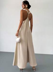 Firerie Váy dài không tay thoải mái, rộng rãi, giống vải lanh dành cho nữ, thích hợp mặc hàng ngày, đi biển, đi làm, đi nghỉ, theo phong cách Bohemian, Hawaii, Xuân/Hè - Màu be - Xem 4