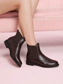 CUCCOO DOLLMOD 圆头弹力一脚蹬时尚英伦风格平底女靴，咖啡色正装靴，圆头厚底女式踝靴，短靴 - 咖啡棕 - 查看 4