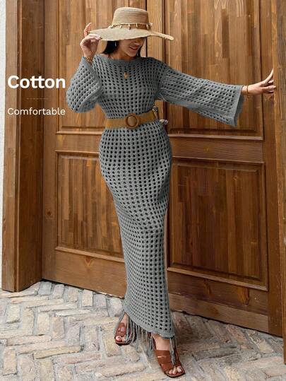 EURMUSE Cream-White Extra Long Tassel Design Openwork Casual Style Cover Up Cover Up For Women