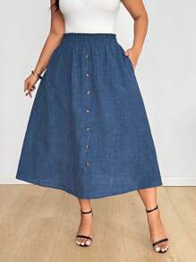 SHEIN EMERY ROSE CURVE 自然风格牛仔效果纽扣装饰A字裙