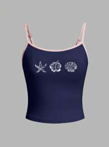 SHEIN EZwear Women's Starfish, Flower And Shell Print Navy Blue Casual Sexy Camisole, Suitable For Summer Beachwear Tops Back To School - Navy Blue - View 2