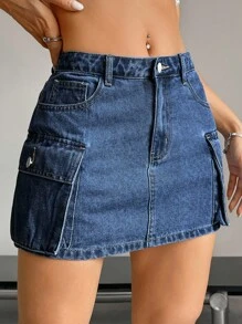 SHEIN ICON Women's Summer Solid Color Cargo Denim Skirt - Medium Wash - View 5