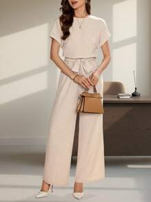 Editum Summer Elegant Women's Blue Cool Linen Pleated Fabric With Shoulder Sleeves And Tied Waist Short Sleeved Jumpsuit, Suitable For Various Occasions, Daily Travel, Outings, Etc - Khaki - View 6