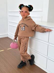 SHEIN Toddler Girls Slogan & Butterfly Print Drop Shoulder Hoodie & Joggers - Brown - View 5